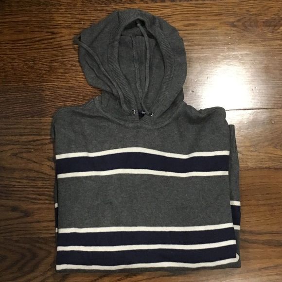 GAP Mens Charcoal Grey Knit Hooded Stripe Sweater with Front Pockets Sz Large - Picture 2 of 8